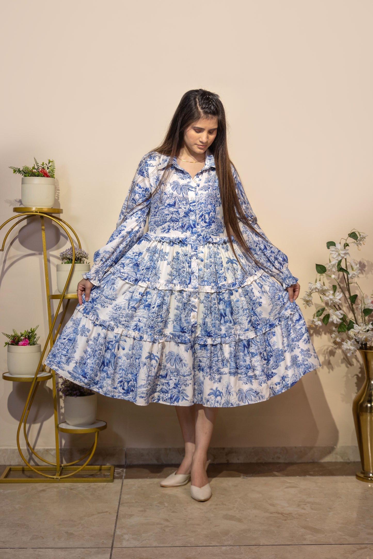 Blue Toile-Print Tiered beach Shirt Dress