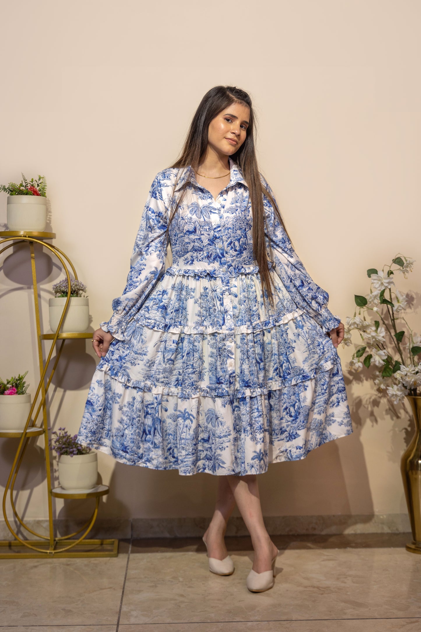 Blue Toile-Print Tiered beach Shirt Dress