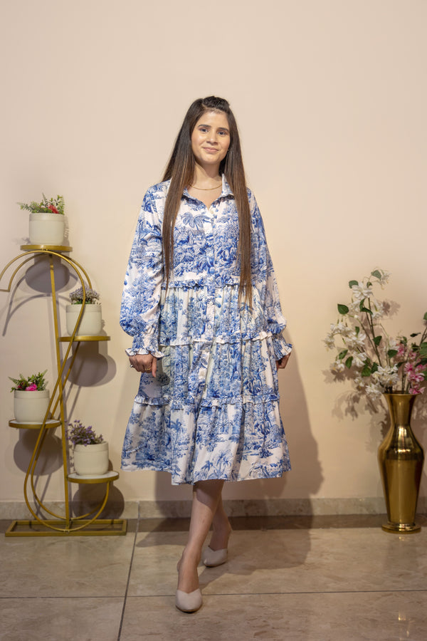 Blue Toile-Print Tiered beach Shirt Dress