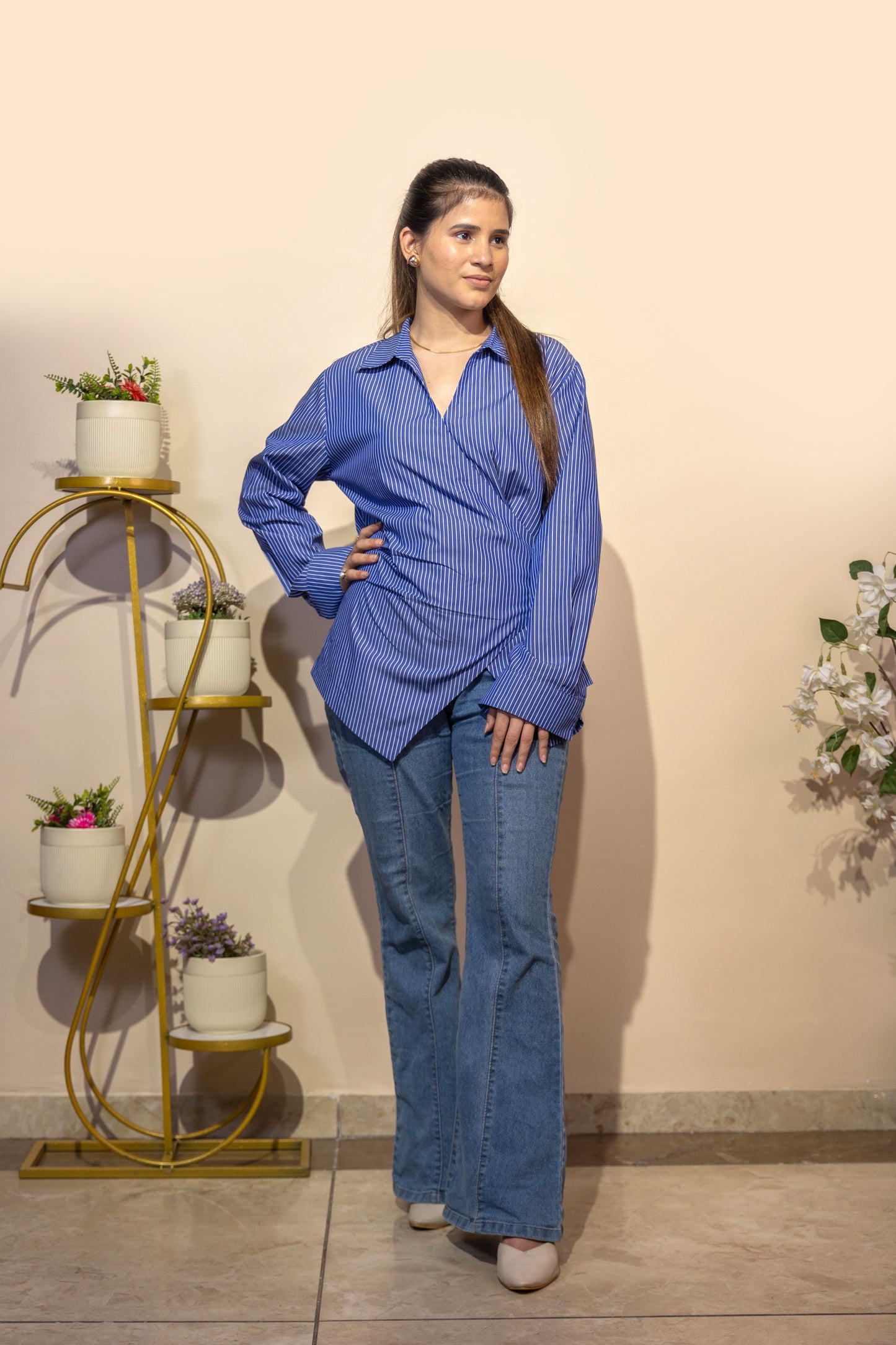 Asymmetric Wrap Pinstripe Shirt (Blue)