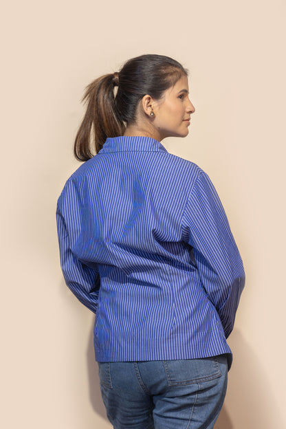 Asymmetric Wrap Pinstripe Shirt (Blue)