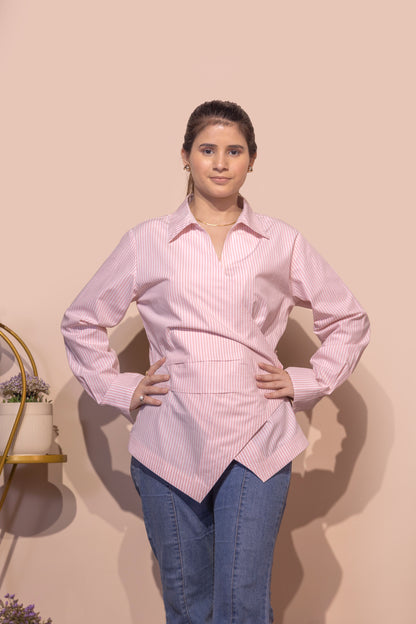 Asymmetric Wrap Pinstripe Shirt (Pink)