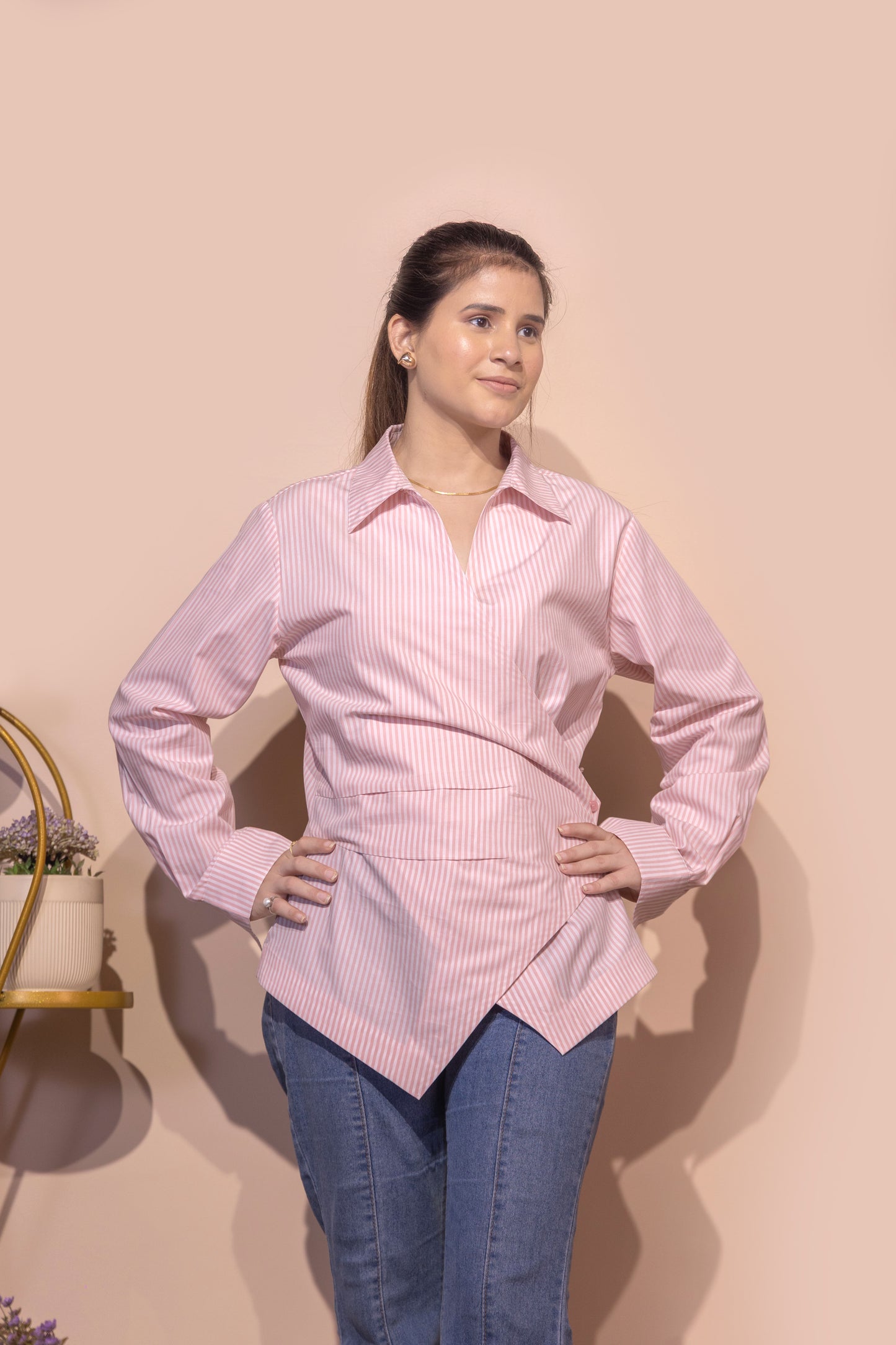 Asymmetric Wrap Pinstripe Shirt (Pink)