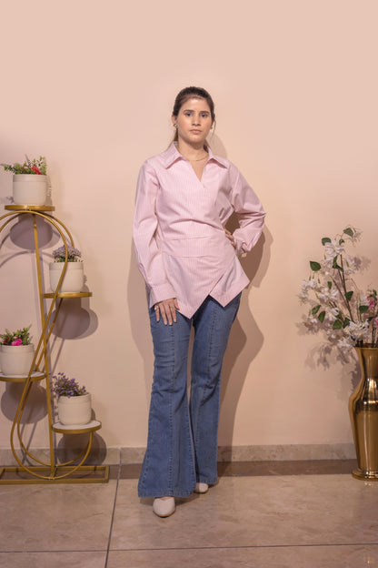 Asymmetric Wrap Pinstripe Shirt (Pink)