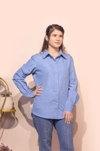 Embellished Bow Detail Shirt (Blue)