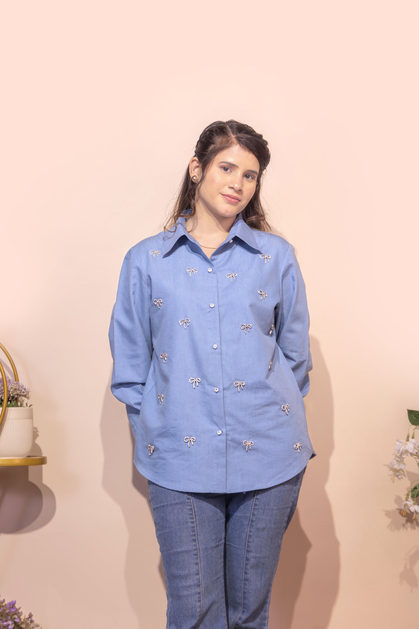 Embellished Bow Detail Shirt (Blue)