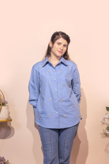 Embellished Bow Detail Shirt (Blue)