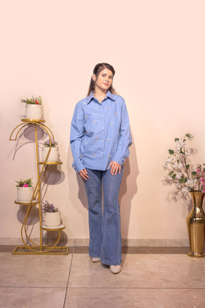 Embellished Bow Detail Shirt (Blue)