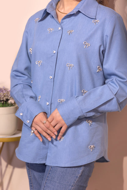 Embellished Bow Detail Shirt (Blue)