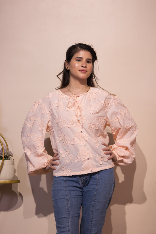 Floral Schiffli Tie-Neck Top (Peach)