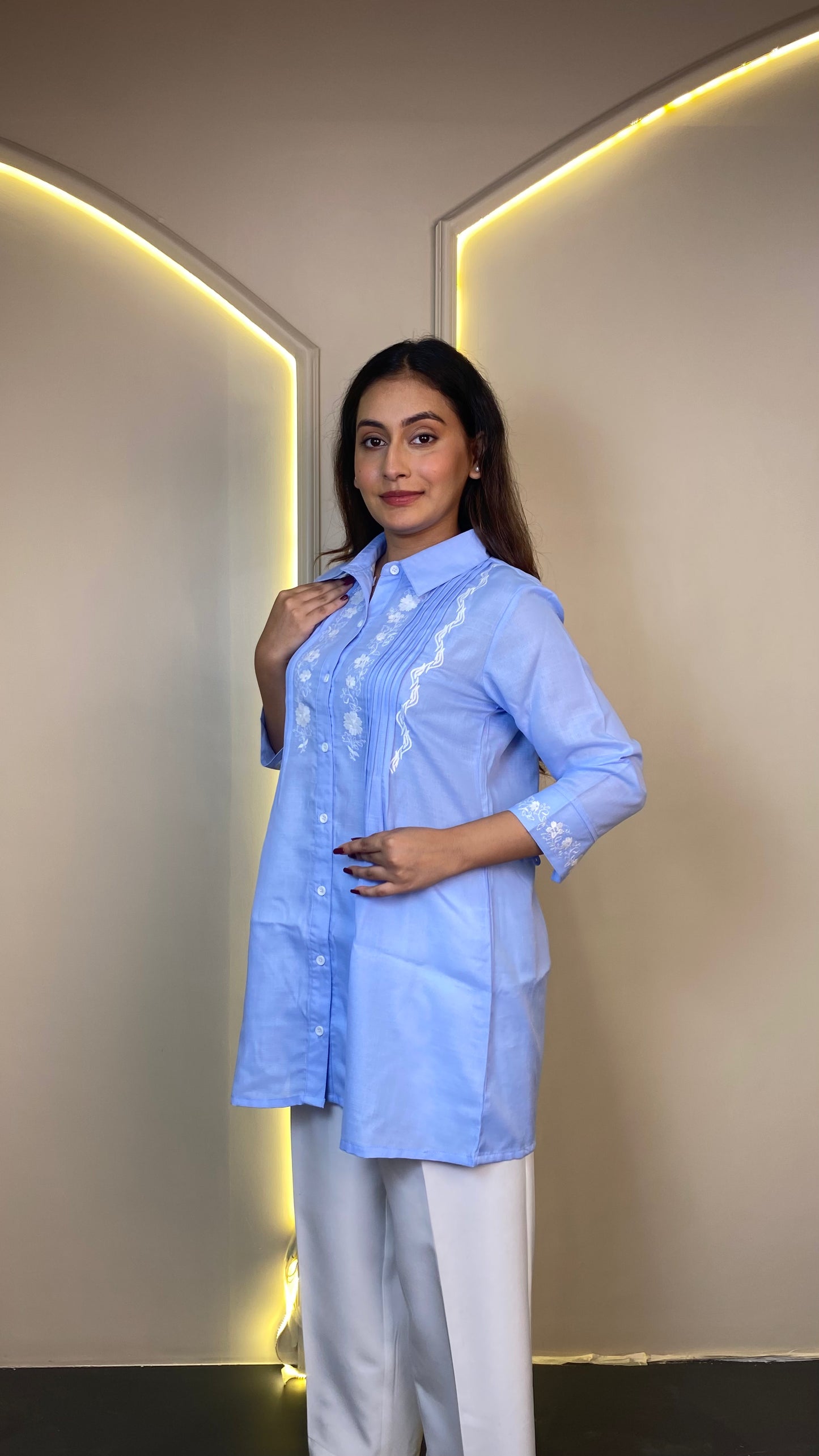 EMBROIDERED LONG SHIRT (Blue)