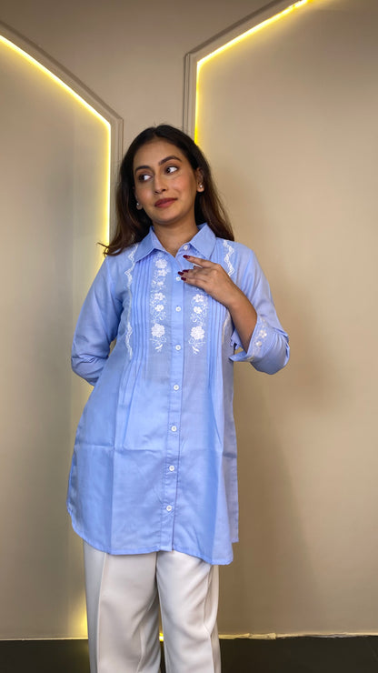 EMBROIDERED LONG SHIRT (Blue)