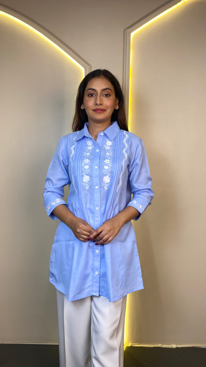 EMBROIDERED LONG SHIRT (Blue)