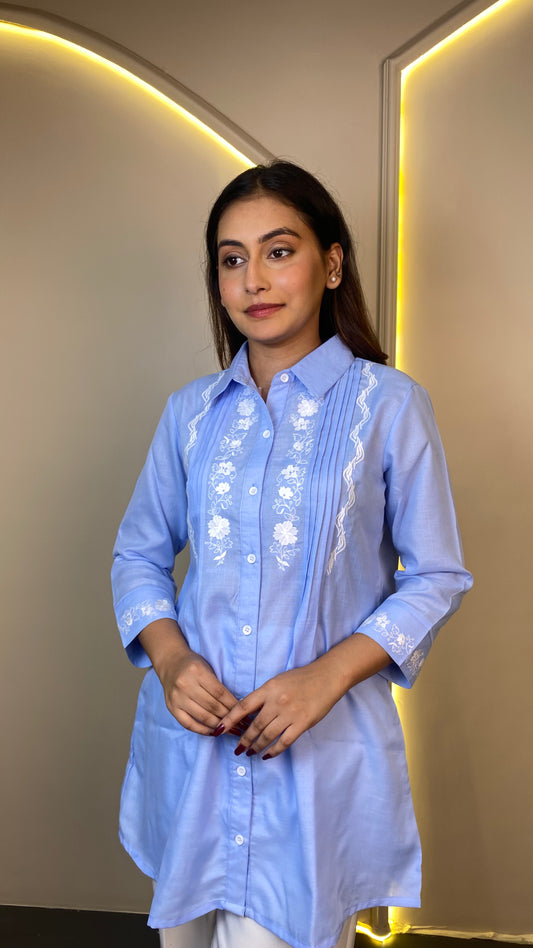 EMBROIDERED LONG SHIRT (Blue)