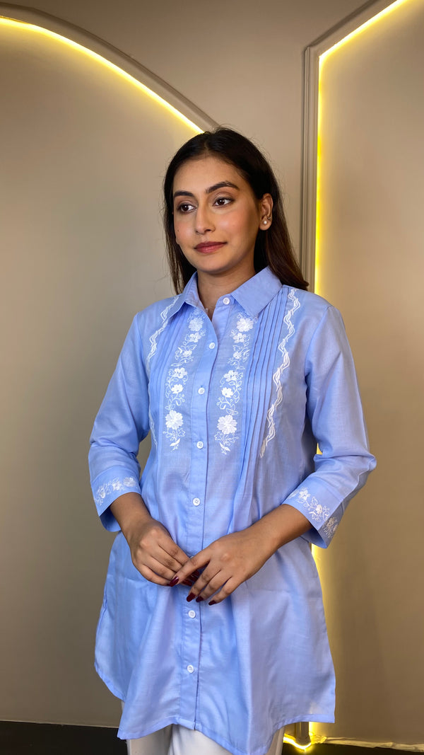 EMBROIDERED LONG SHIRT (Blue)