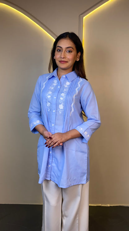 EMBROIDERED LONG SHIRT (Blue)