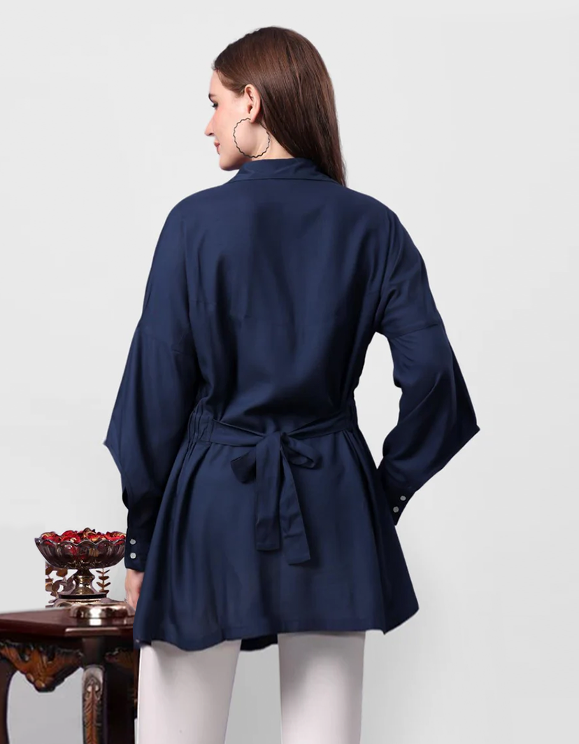 Mini Shirt Dress for Women - Dark Blue Rayon Casual Dress
