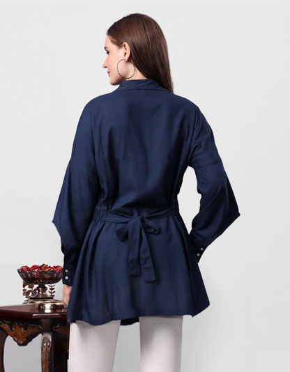 Mini Shirt Dress for Women - Dark Blue Rayon Casual Dress