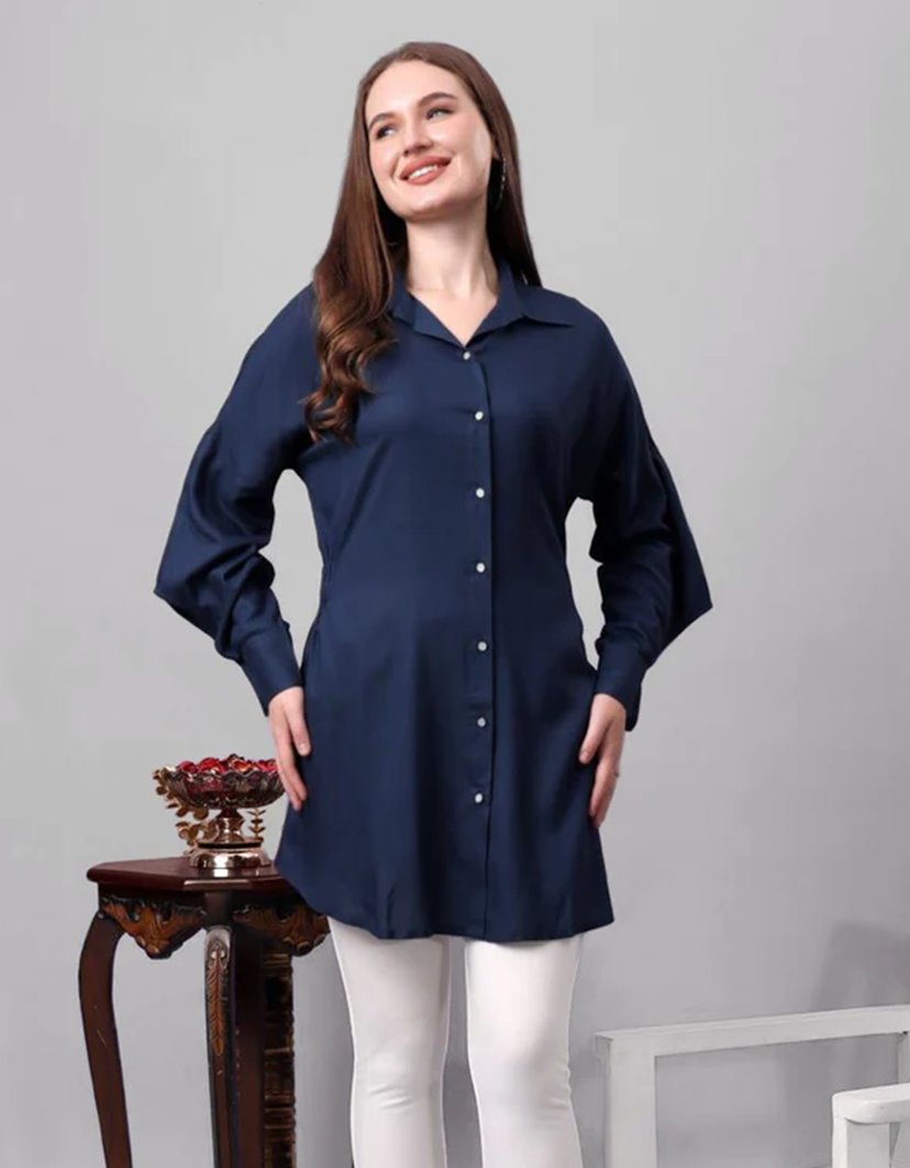 Mini Shirt Dress for Women - Dark Blue Rayon Casual Dress