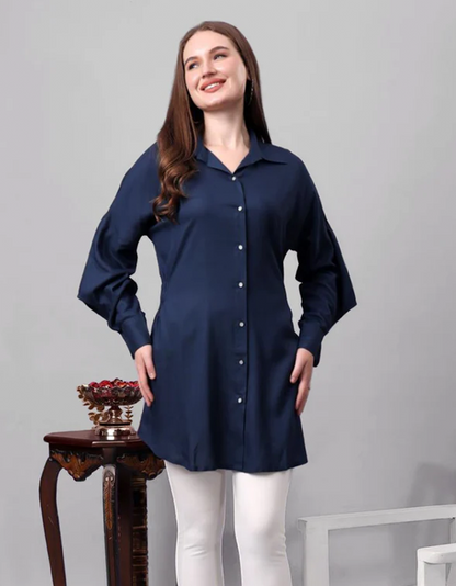 Mini Shirt Dress for Women - Dark Blue Rayon Casual Dress