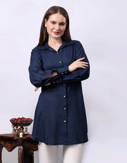 Mini Shirt Dress for Women - Dark Blue Rayon Casual Dress