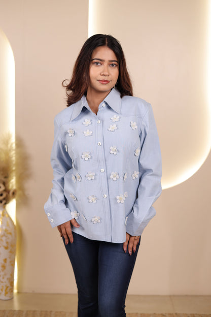 Denim Flower Embroidered Shirt