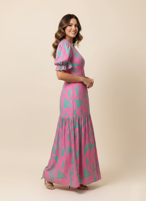 Pink-Green Leaf Print Long Dress
