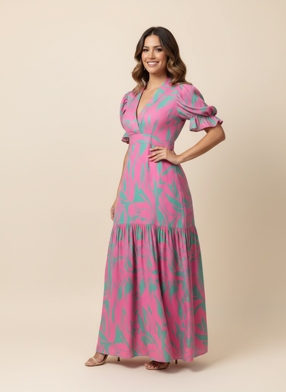 Pink-Green Leaf Print Long Dress
