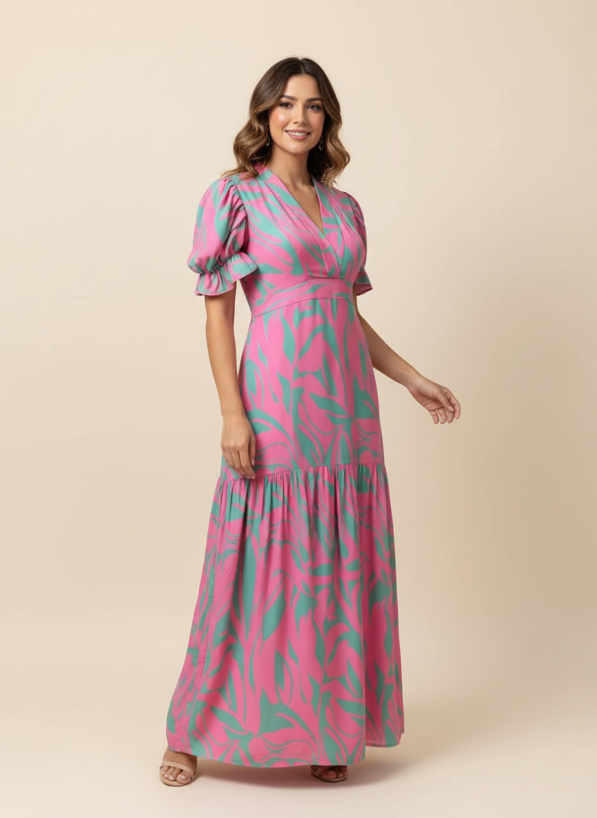 Pink-Green Leaf Print Long Dress