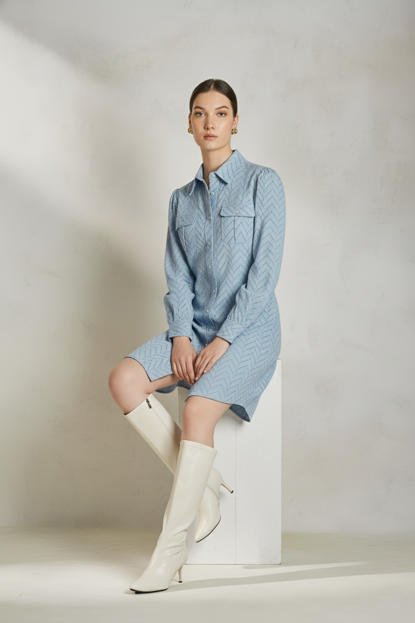 Schiffli Textured Shirt Dress (Blue)