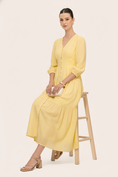 Schiffli Textured Flared Dress (Yellow)