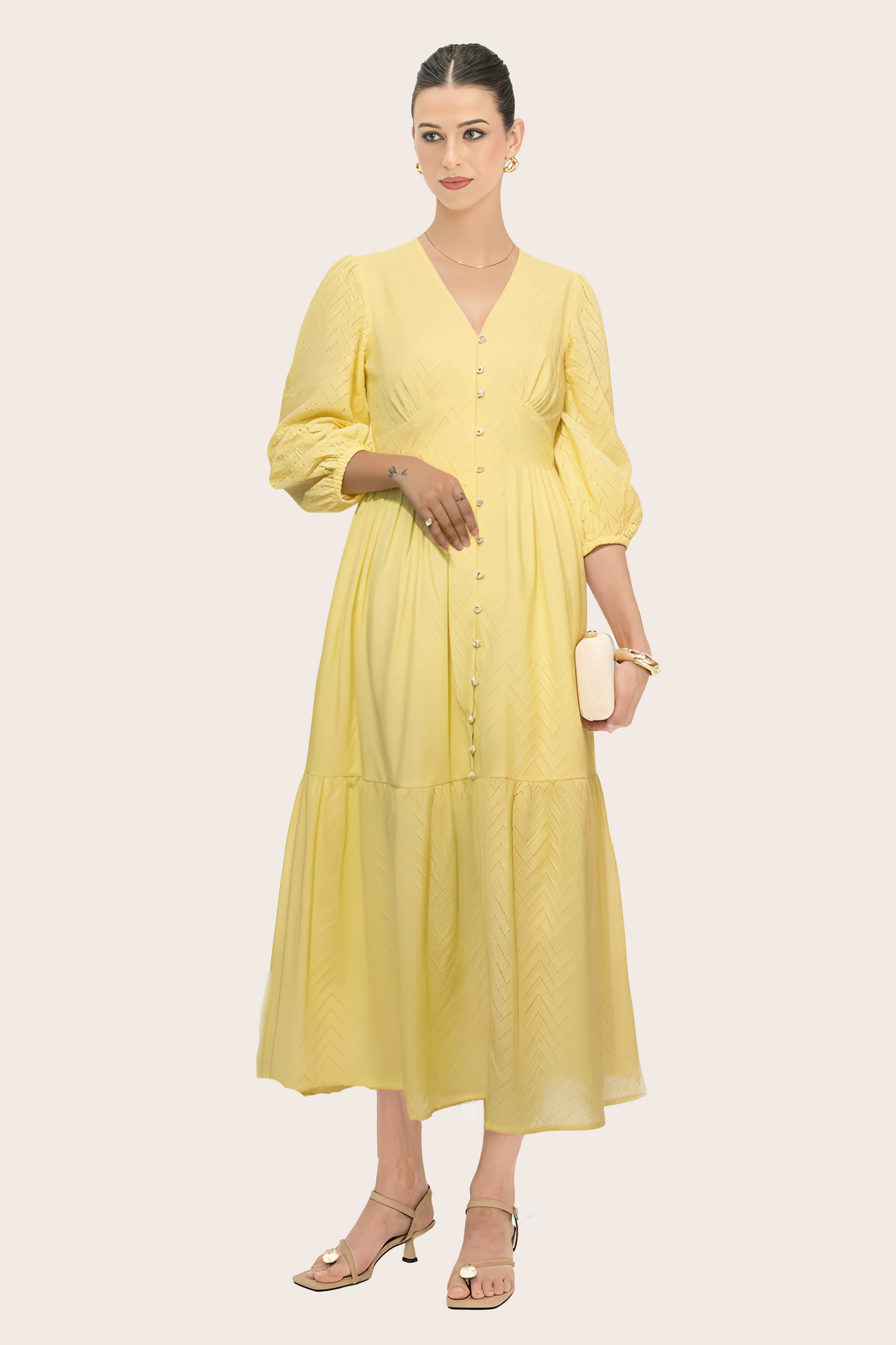 Schiffli Textured Flared Dress (Yellow)