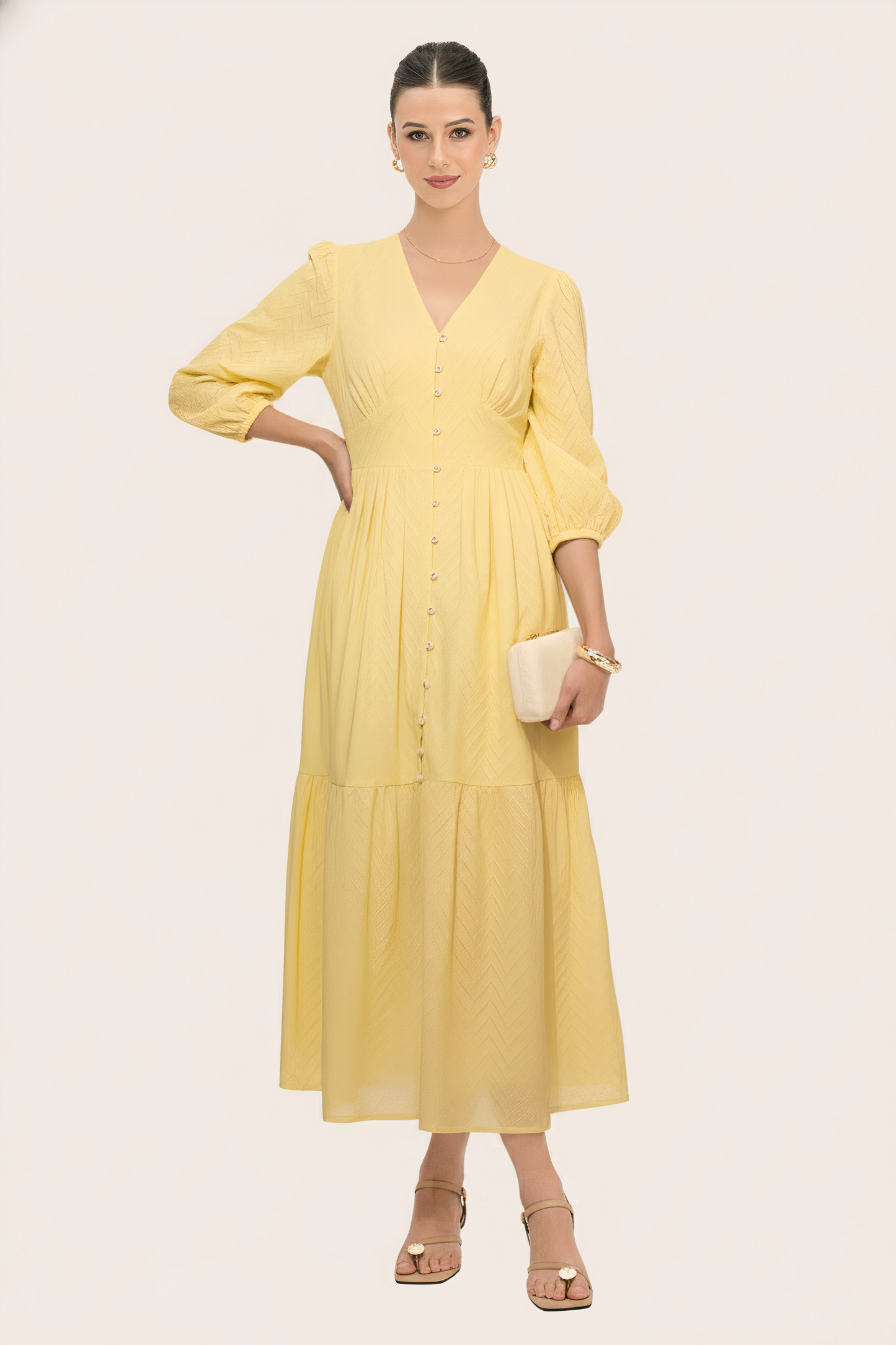 Schiffli Textured Flared Dress (Yellow)