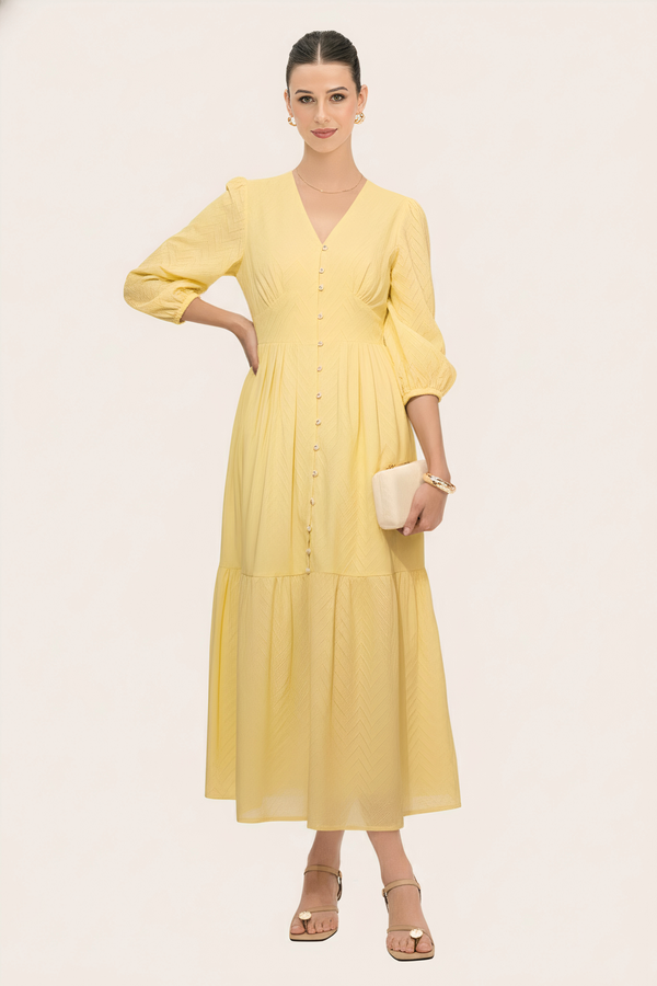 Schiffli Textured Flared Dress (Yellow)