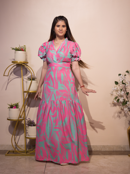 Pink-Green Leaf Print Long Dress