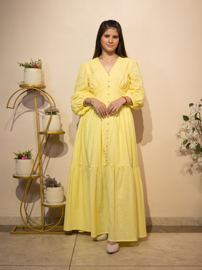 Schiffli Textured Flared Dress (Yellow)