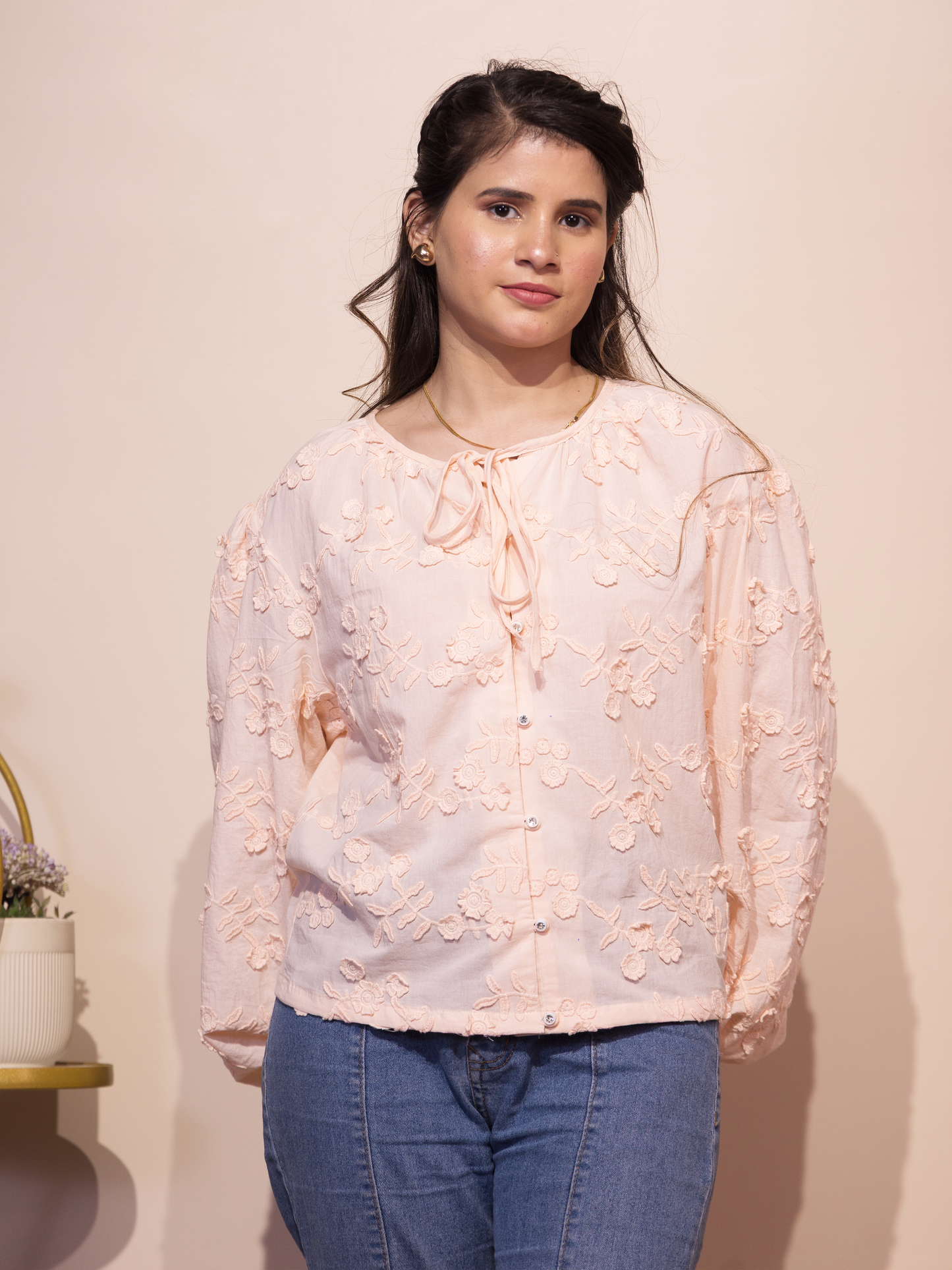 Floral Schiffli Tie-Neck Top (Peach)