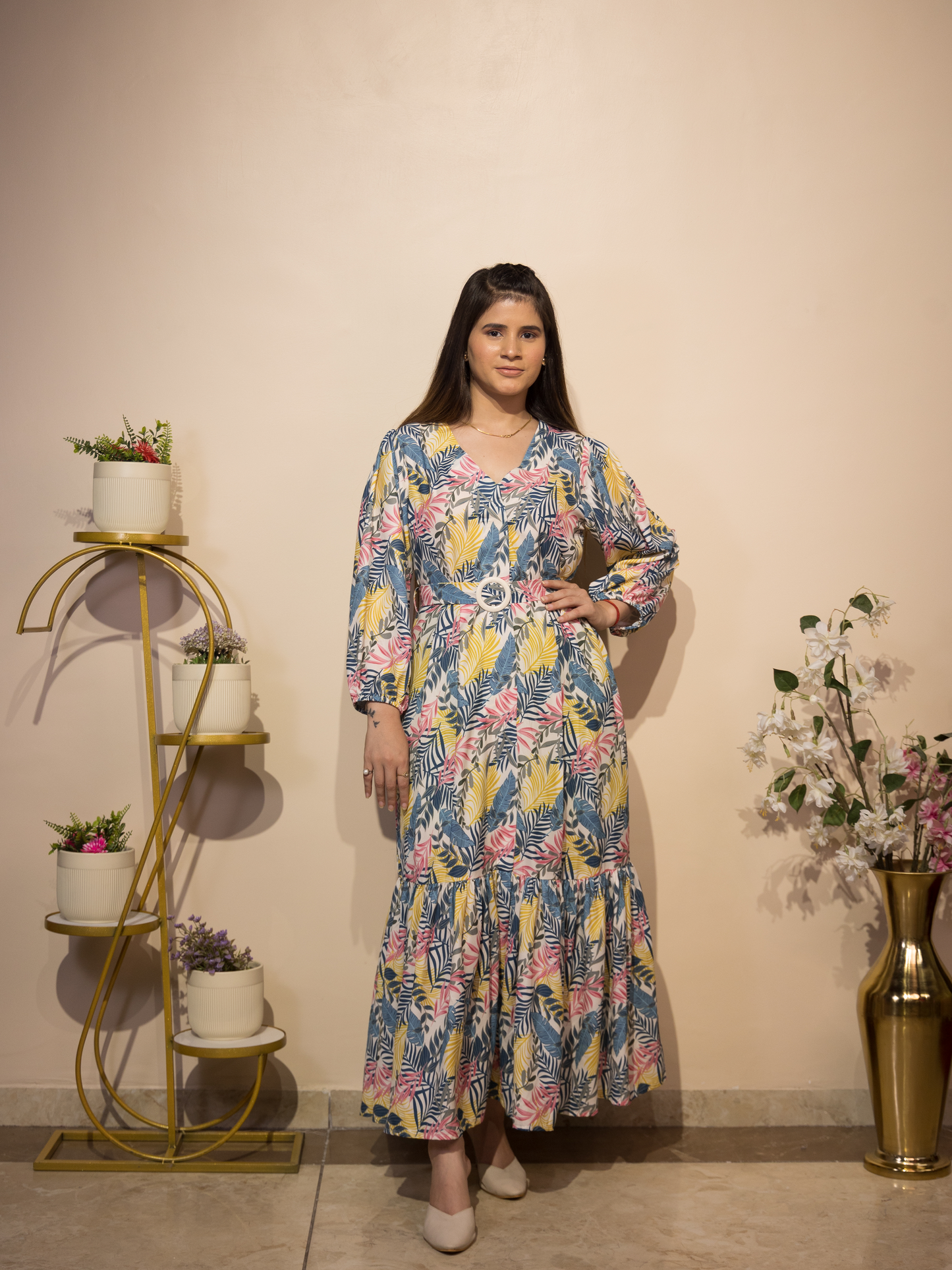 Tropical Leaf Print Long Dress