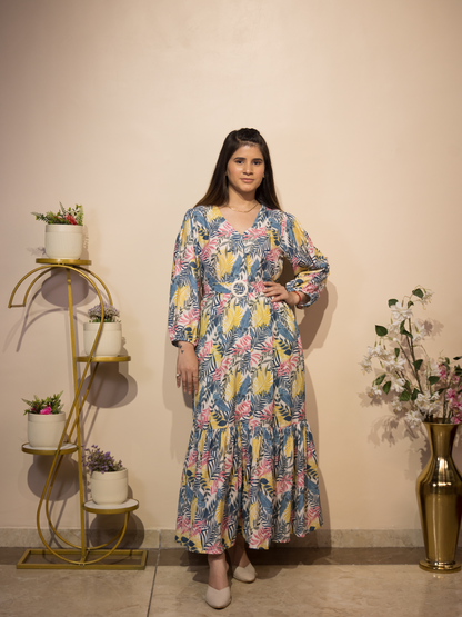 Tropical Leaf Print Long Dress