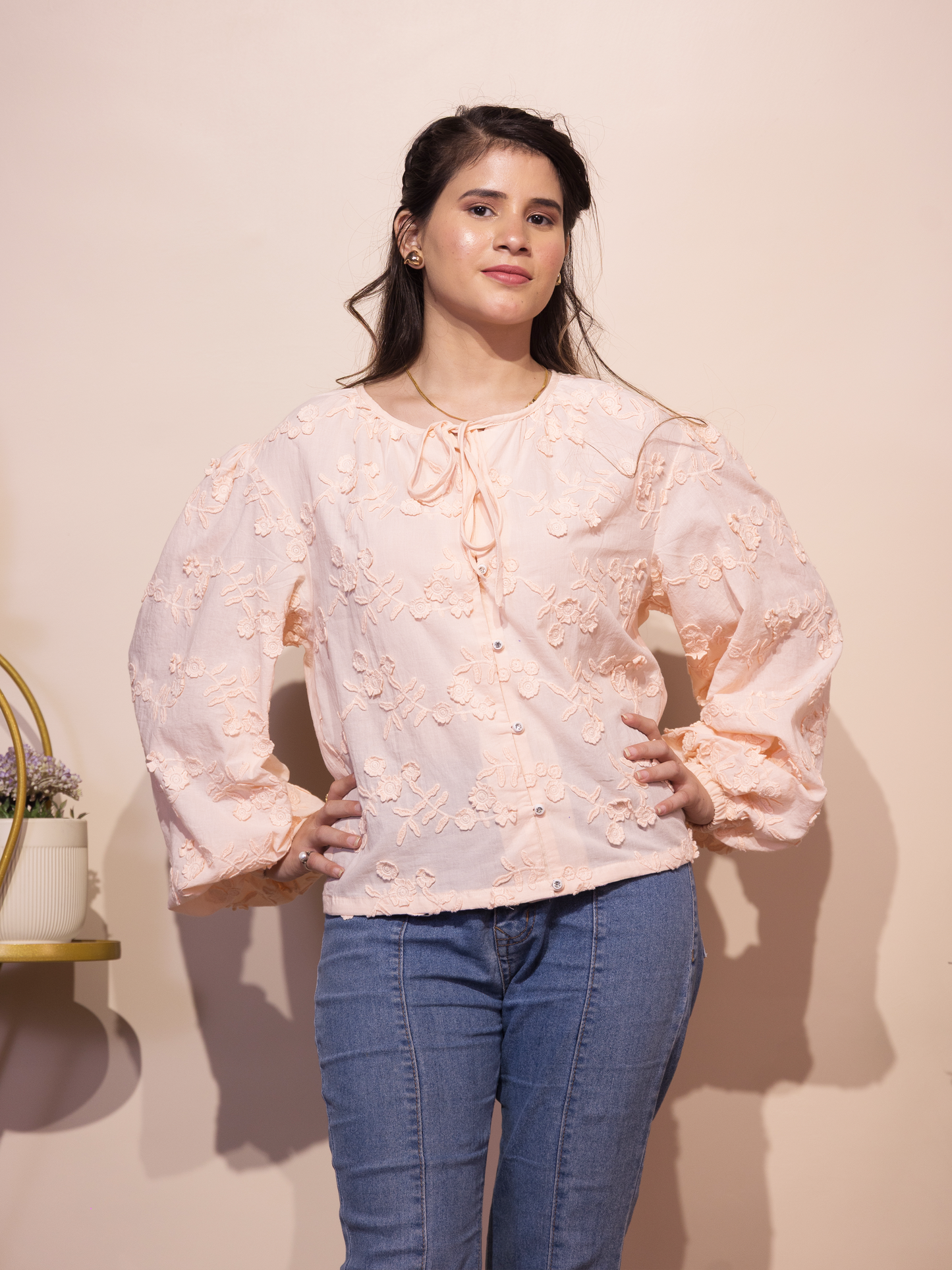 Floral Schiffli Tie-Neck Top (Peach)