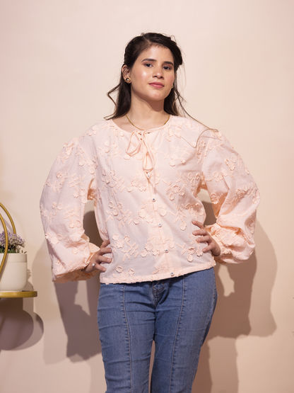 Floral Schiffli Tie-Neck Top (Peach)