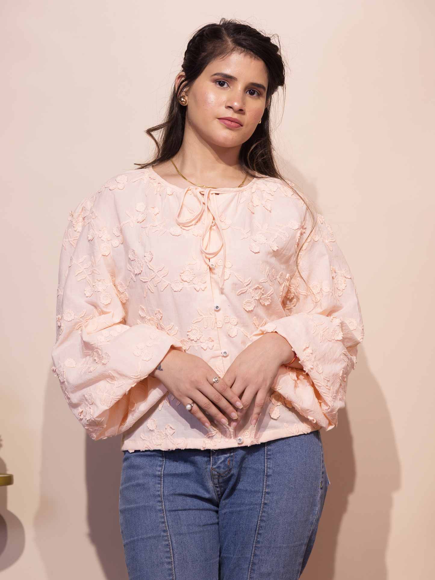 Floral Schiffli Tie-Neck Top (Peach)