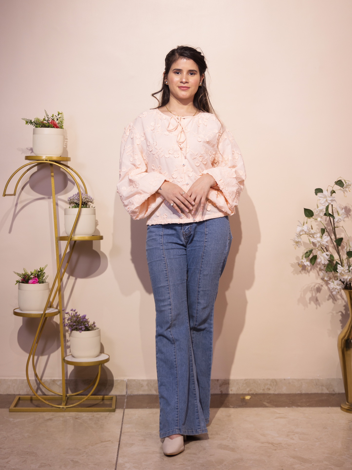 Floral Schiffli Tie-Neck Top (Peach)