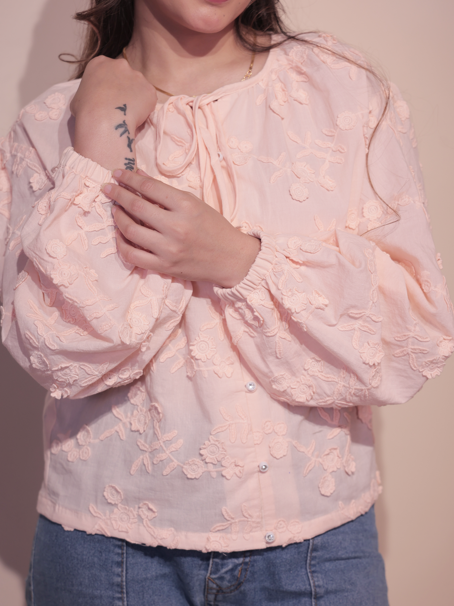 Floral Schiffli Tie-Neck Top (Peach)