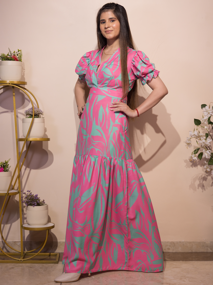 Pink-Green Leaf Print Long Dress