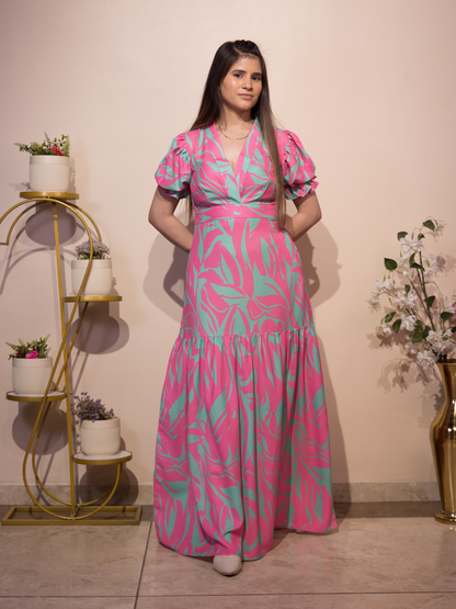 Pink-Green Leaf Print Long Dress