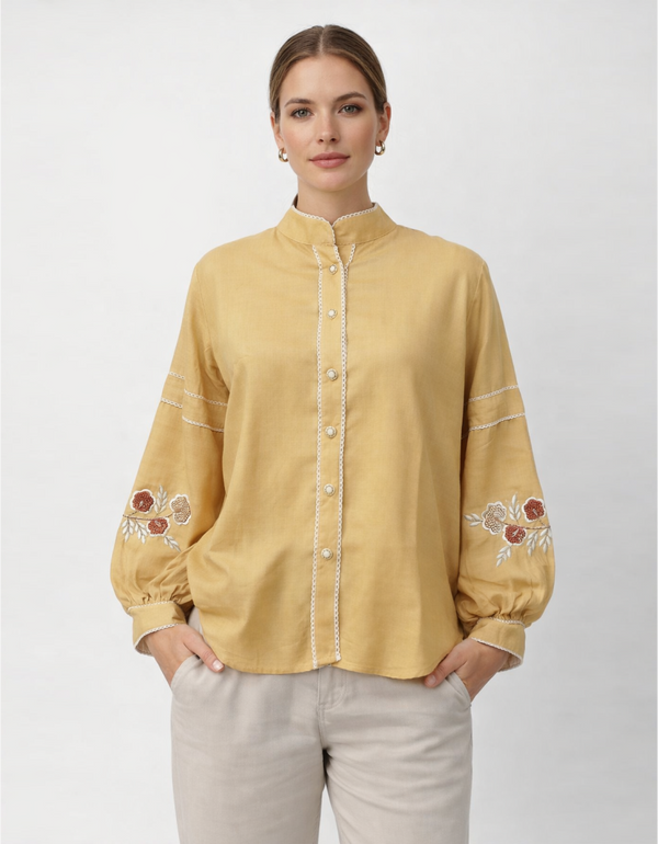 Embroidered Casual Top for Women - Beige Cotton Full Sleeve