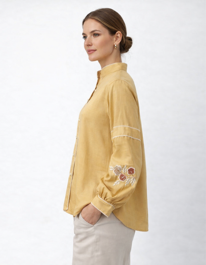 Embroidered Casual Top for Women - Beige Cotton Full Sleeve