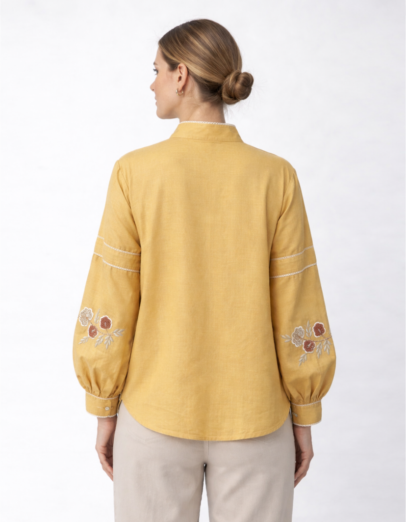 Embroidered Casual Top for Women - Beige Cotton Full Sleeve