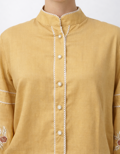 Embroidered Casual Top for Women - Beige Cotton Full Sleeve